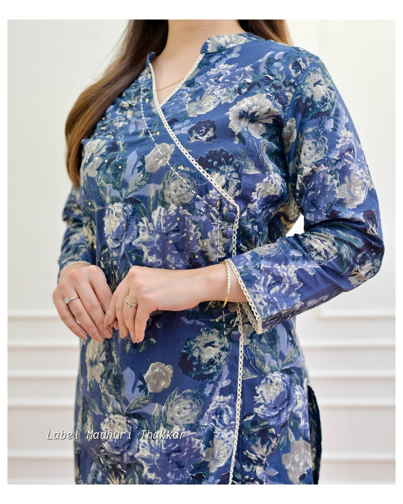 Navy Blue Floral Sequin Cotton Kurta Set