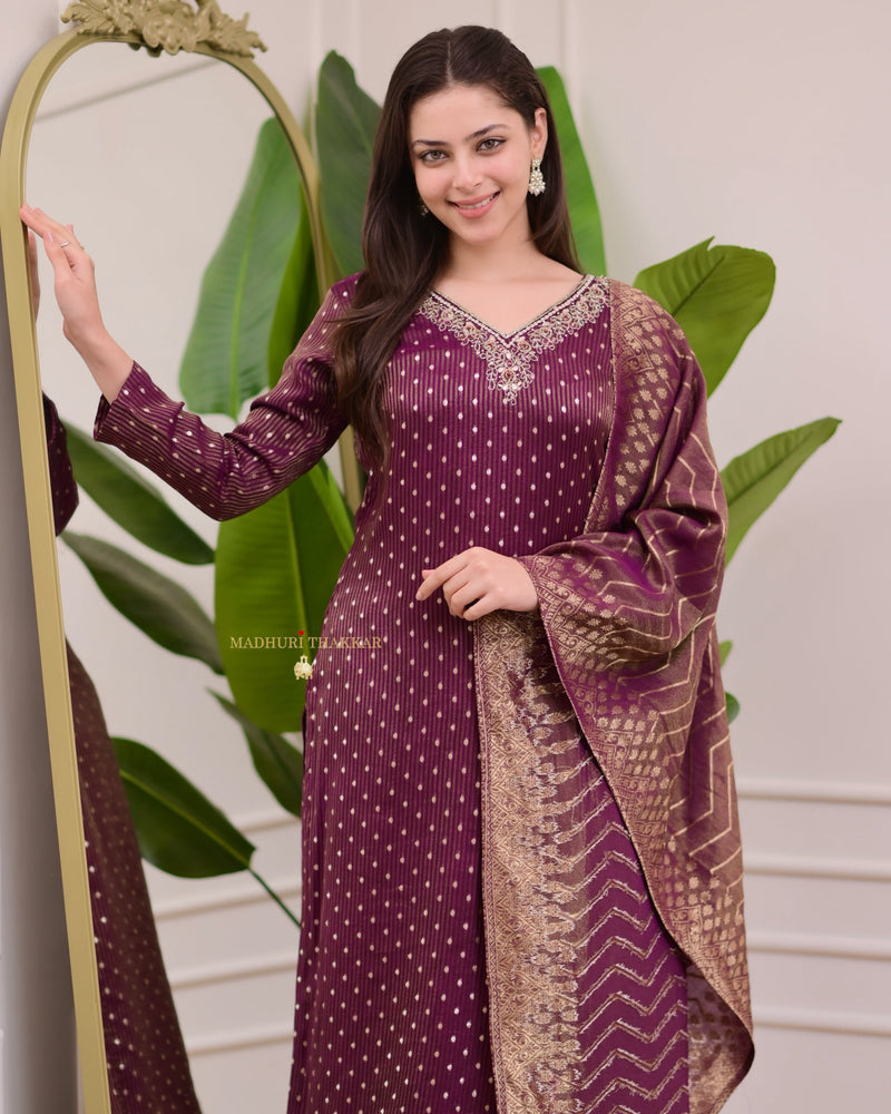 Wine Organza Shimmer Jacquard Handwork Festive Suit