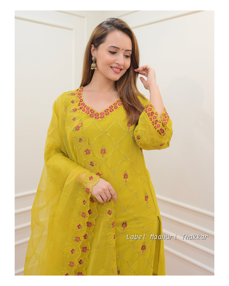 Mustard Georgette Schiffli Suit