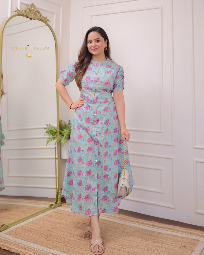 Powder Blue Pink Lotus Cotton A Line Dress