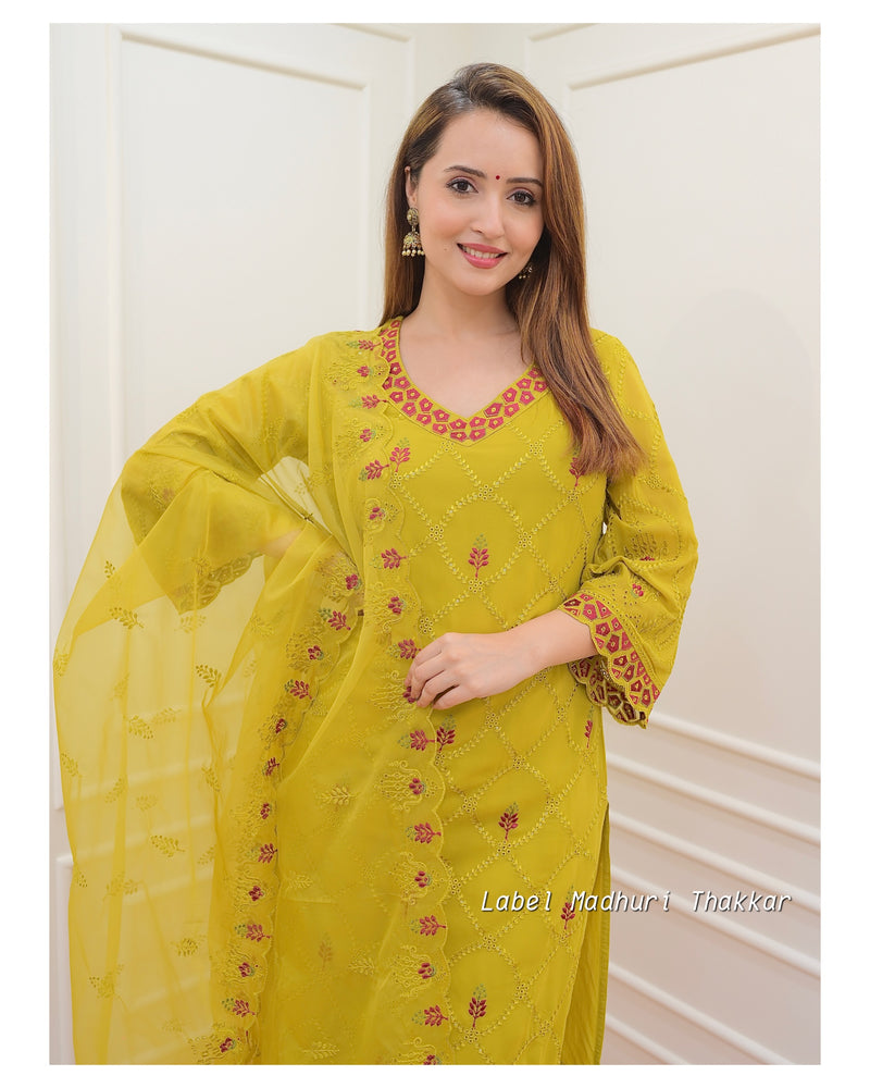 Mustard Georgette Schiffli Suit