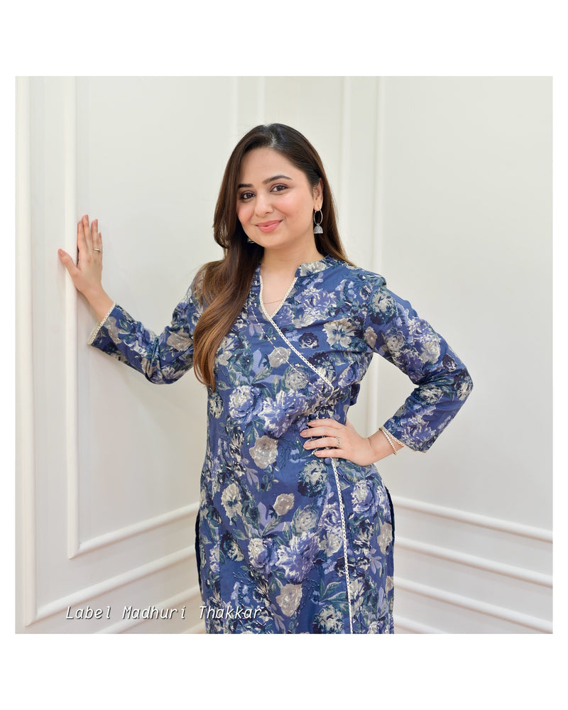 Navy Blue Floral Sequin Cotton Kurta Set