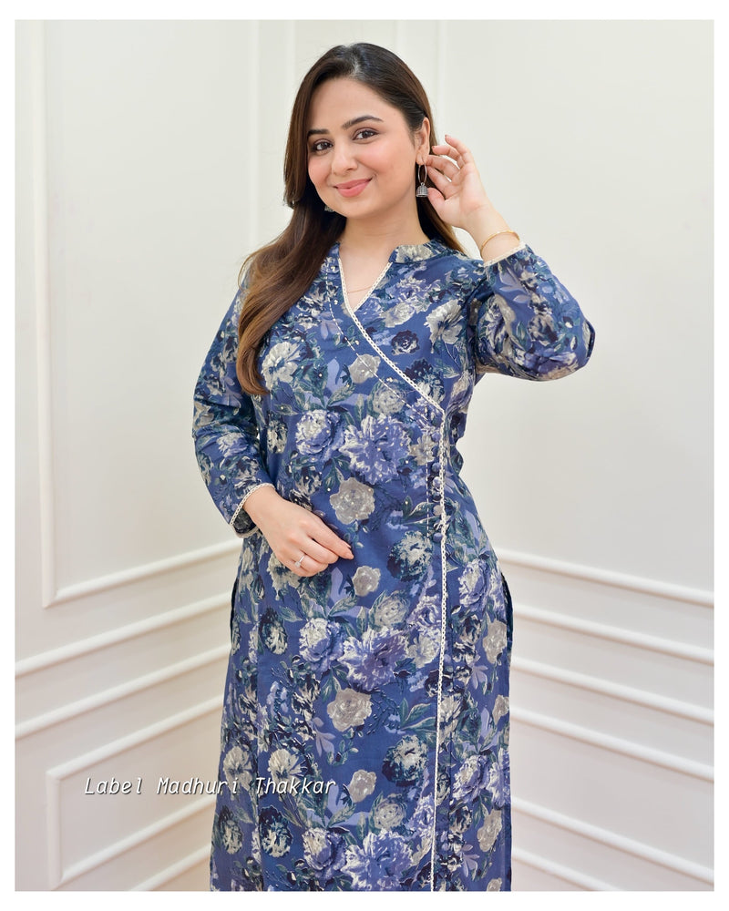 Navy Blue Floral Sequin Cotton Kurta Set