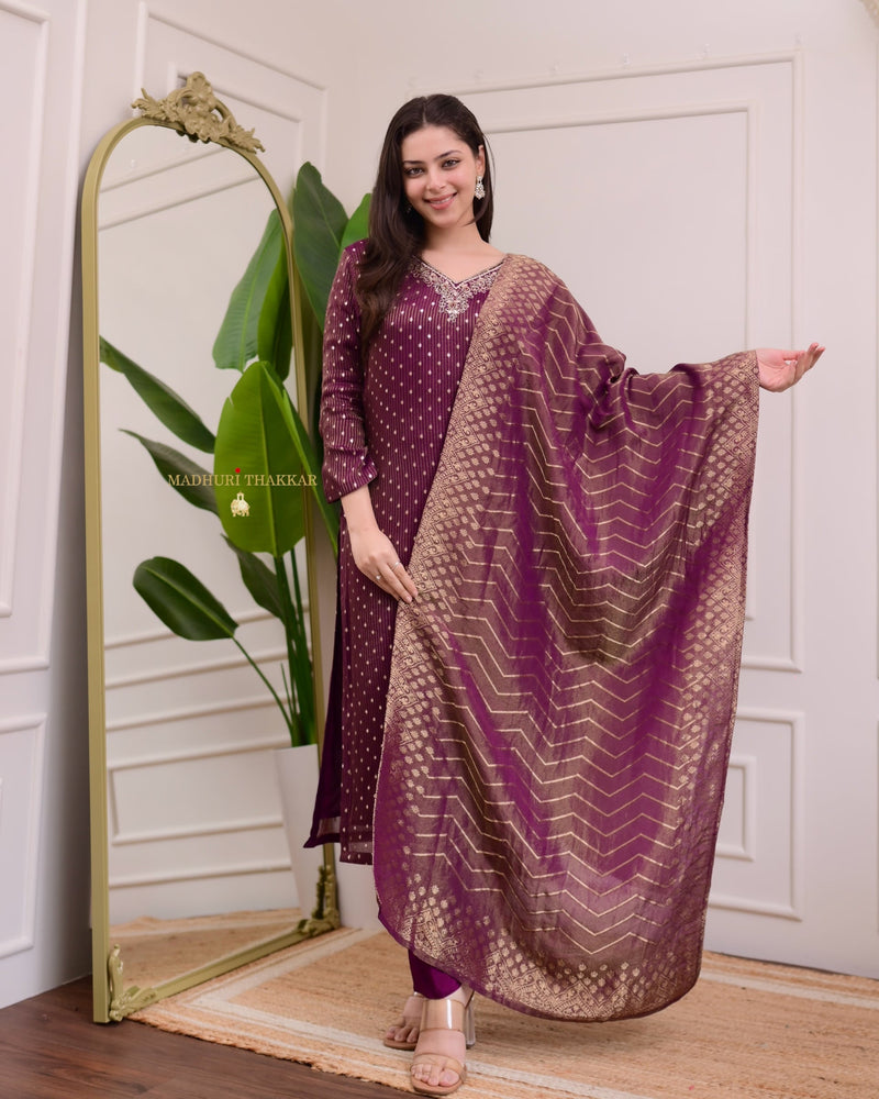 Wine Organza Shimmer Jacquard Handwork Festive Suit