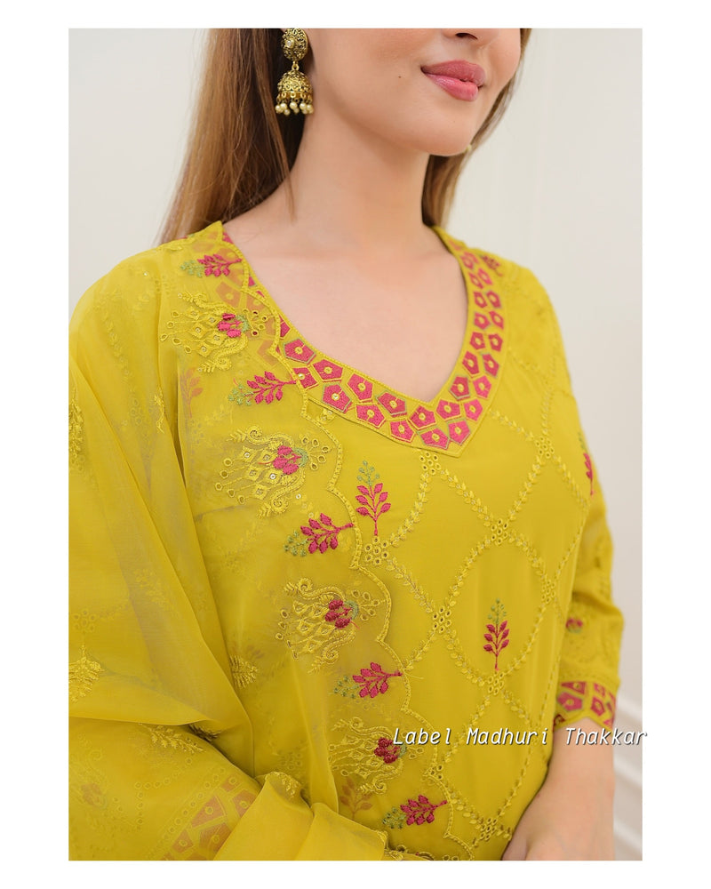 Mustard Georgette Schiffli Suit