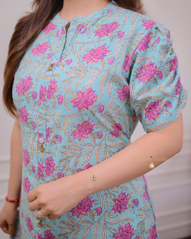 Powder Blue Pink Lotus Cotton A Line Dress