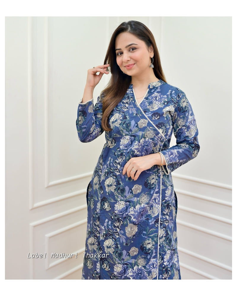 Navy Blue Floral Sequin Cotton Kurta Set