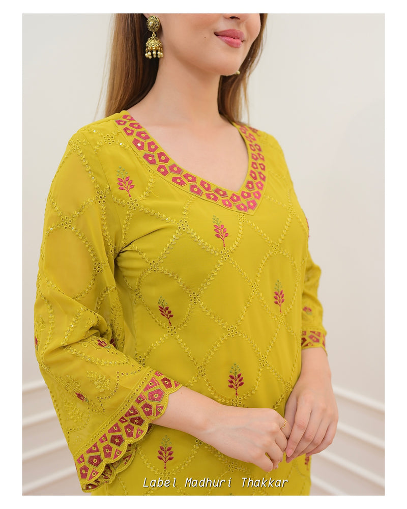 Mustard Georgette Schiffli Suit