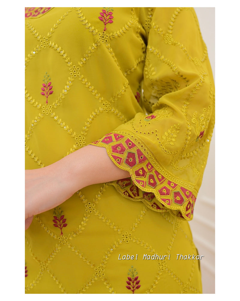 Mustard Georgette Schiffli Suit