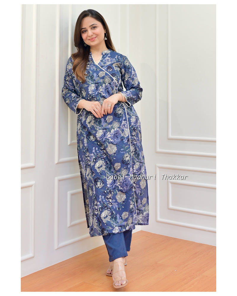 Navy Blue Floral Sequin Cotton Kurta Set