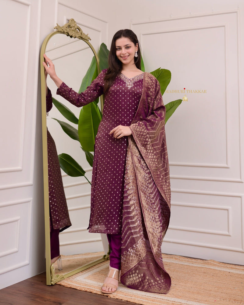 Wine Organza Shimmer Jacquard Handwork Festive Suit