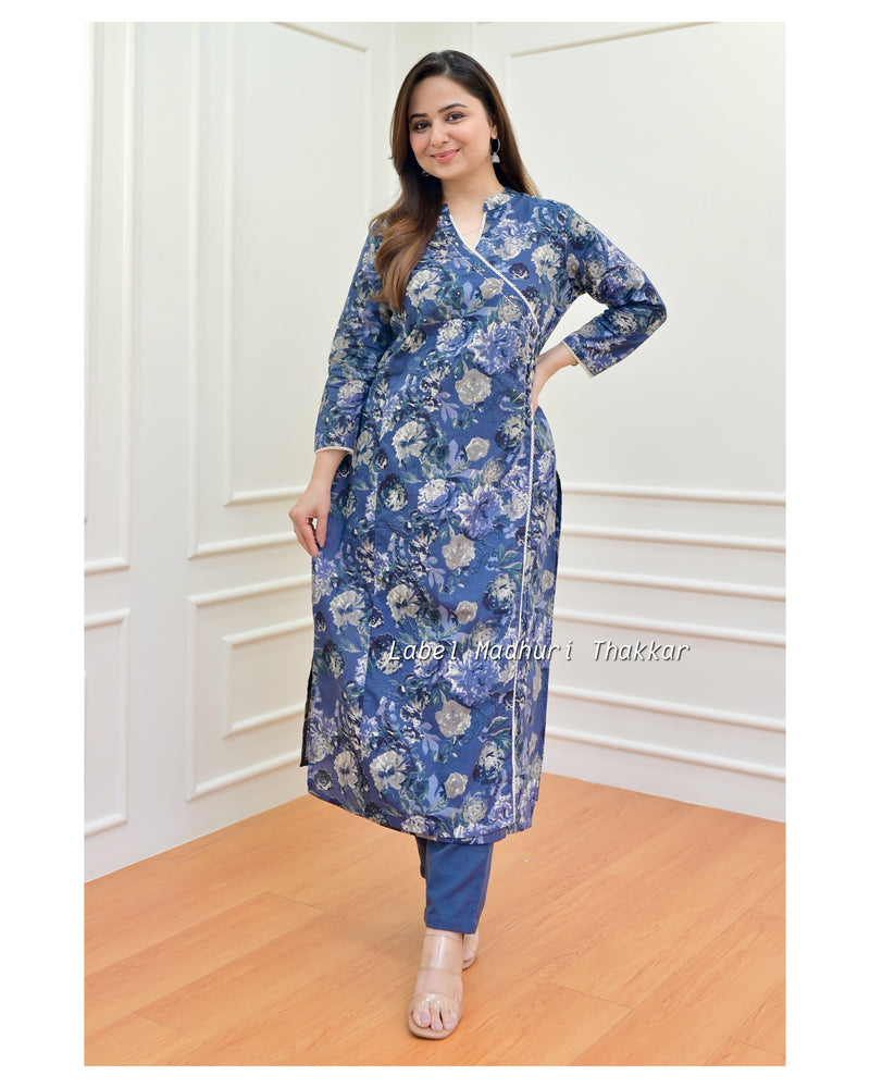 Navy Blue Floral Sequin Cotton Kurta Set