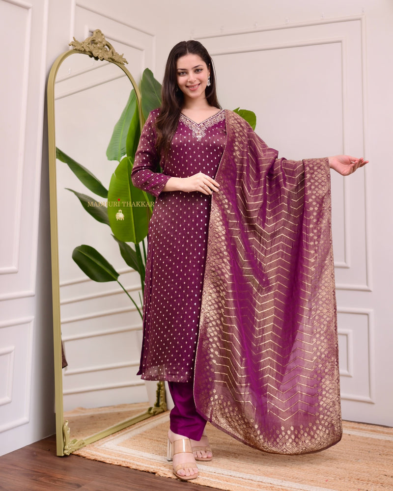 Wine Organza Shimmer Jacquard Handwork Festive Suit