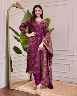 Wine Organza Shimmer Jacquard Handwork Festive Suit