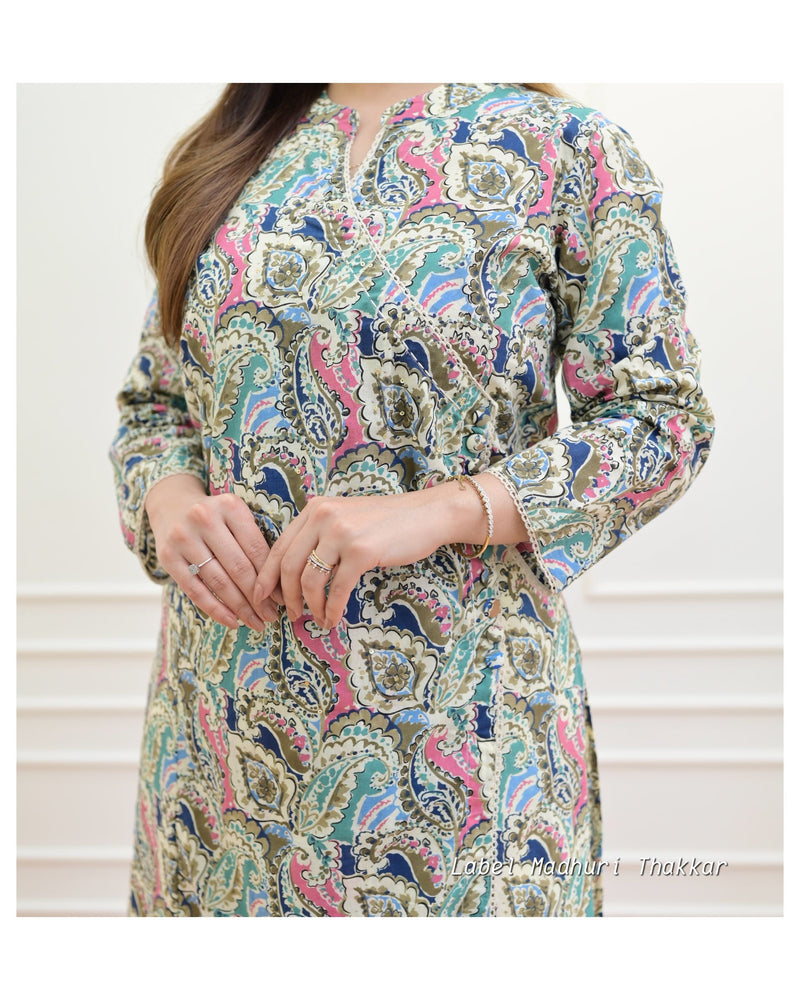 Ivory Blue Floral Sequin Cotton Kurta Set