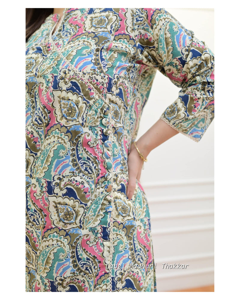 Ivory Blue Floral Sequin Cotton Kurta Set