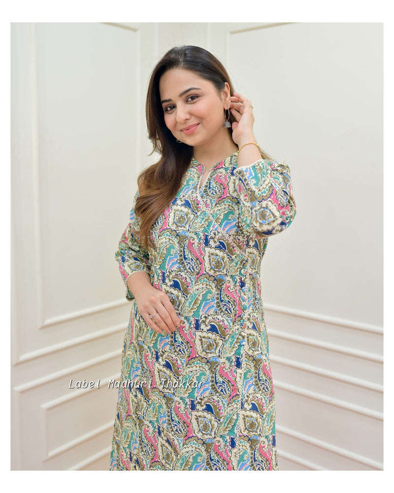 Ivory Blue Floral Sequin Cotton Kurta Set