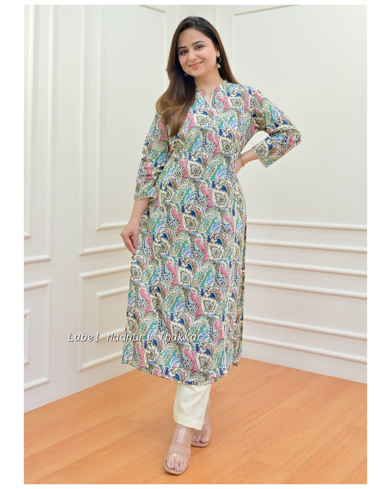 Ivory Blue Floral Sequin Cotton Kurta Set