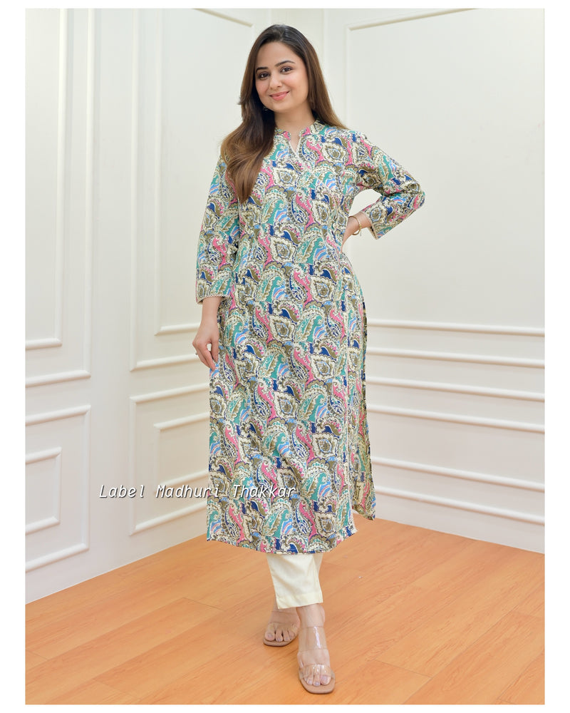 Ivory Blue Floral Sequin Cotton Kurta Set