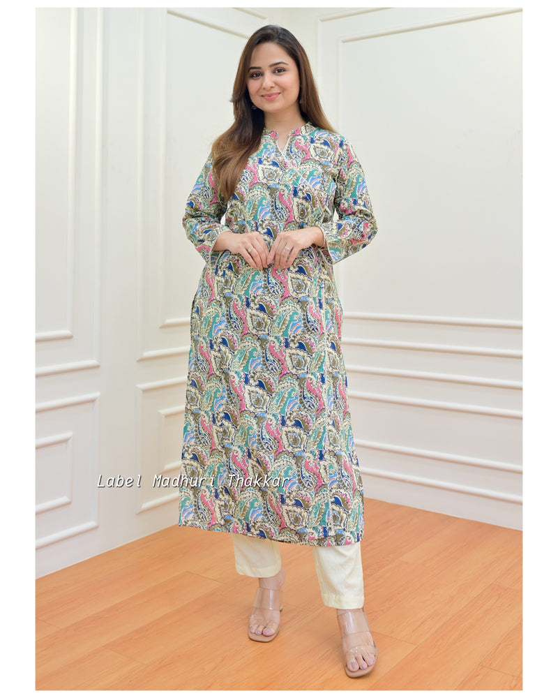 Ivory Blue Floral Sequin Cotton Kurta Set