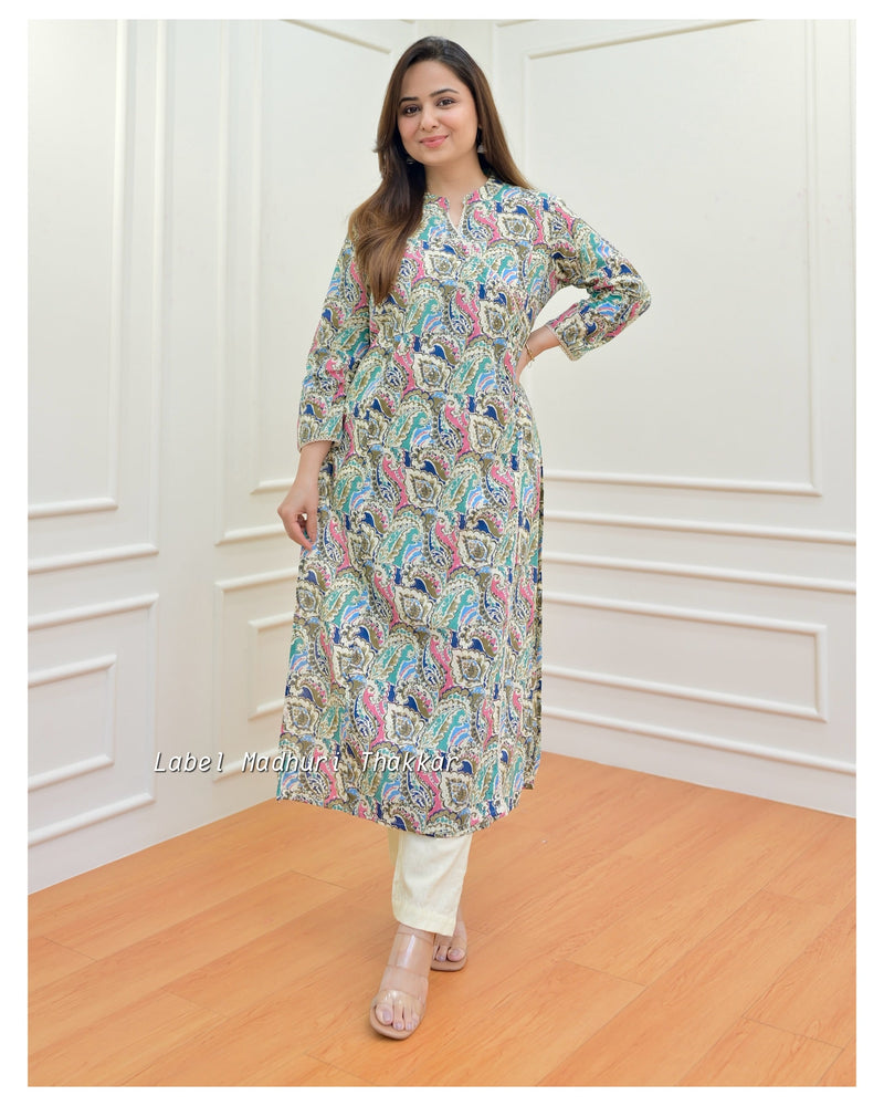 Ivory Blue Floral Sequin Cotton Kurta Set