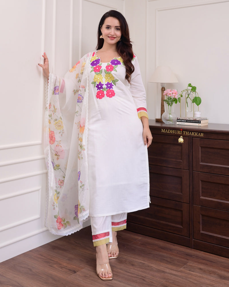 Ivory Multi Applique Work Cotton Silk Suit