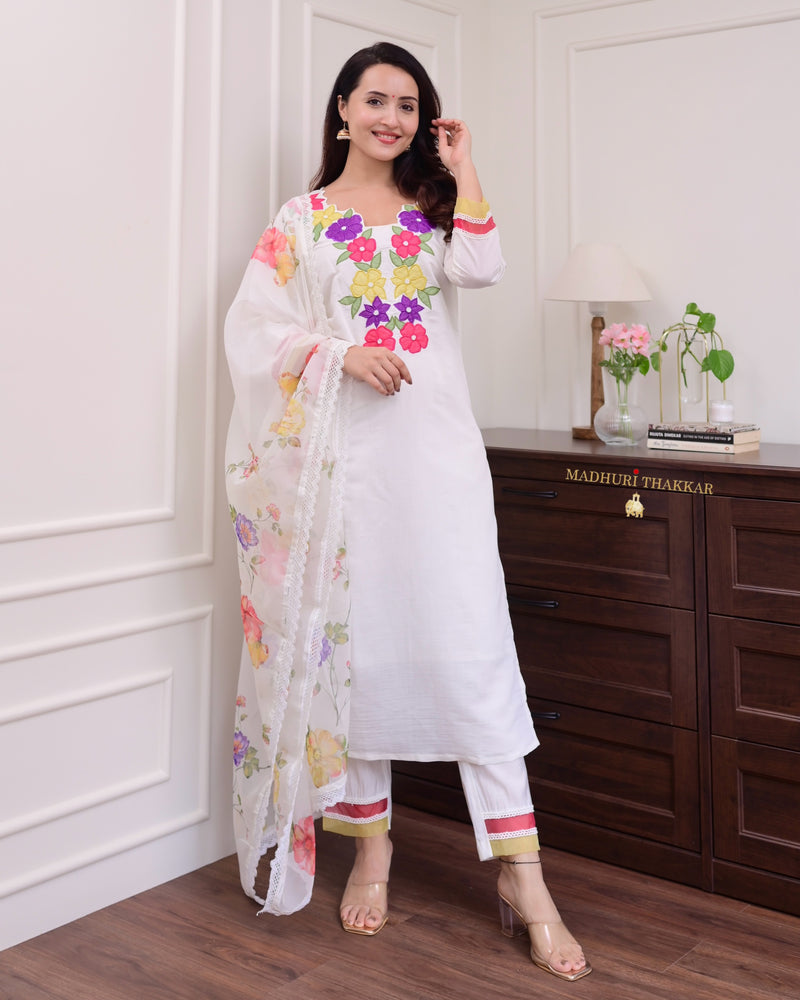 Ivory Multi Applique Work Cotton Silk Suit