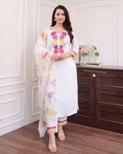 Ivory Multi Applique Work Cotton Silk Suit