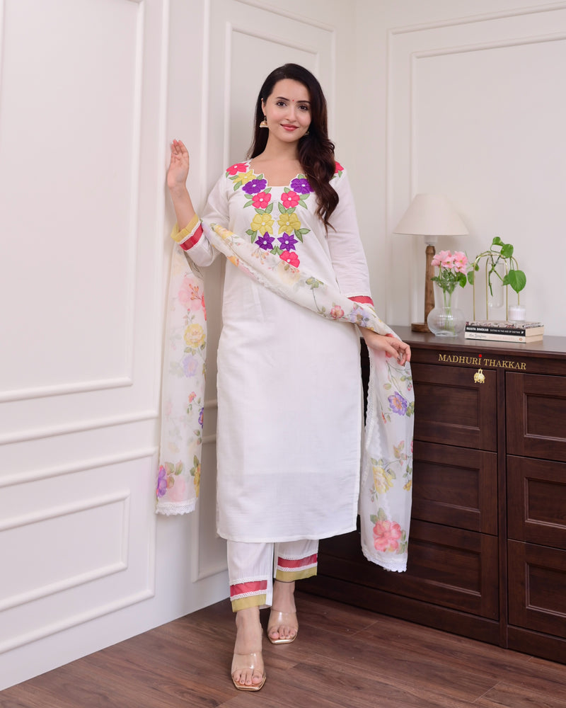 Ivory Multi Applique Work Cotton Silk Suit