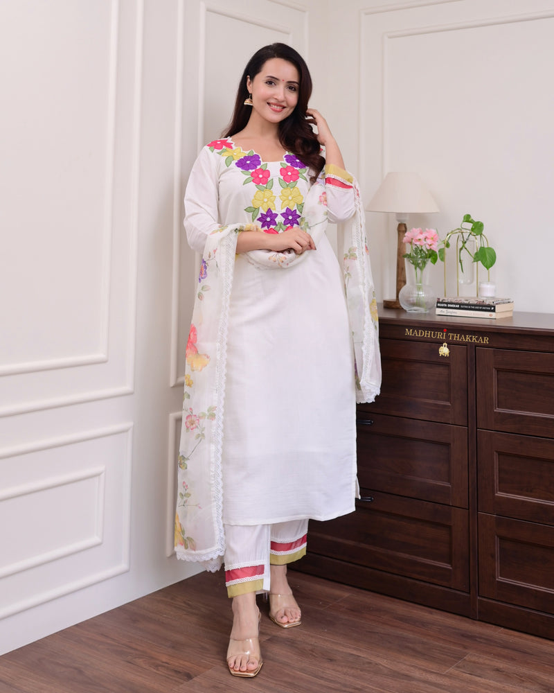 Ivory Multi Applique Work Cotton Silk Suit