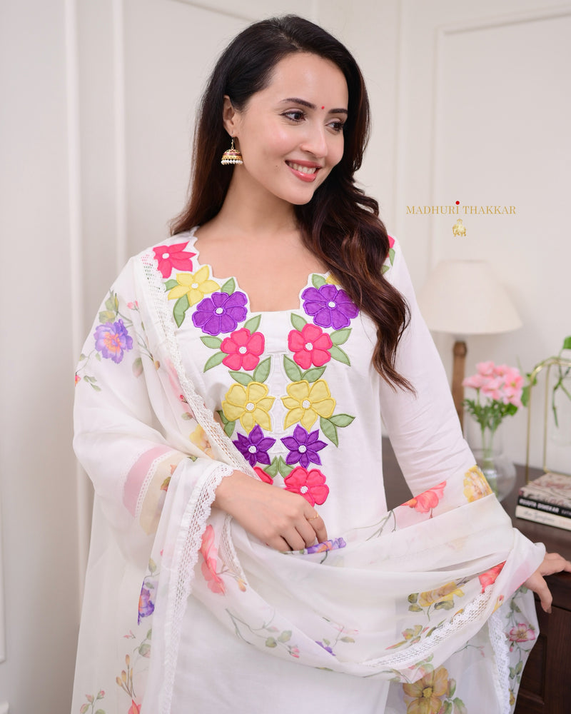 Ivory Multi Applique Work Cotton Silk Suit