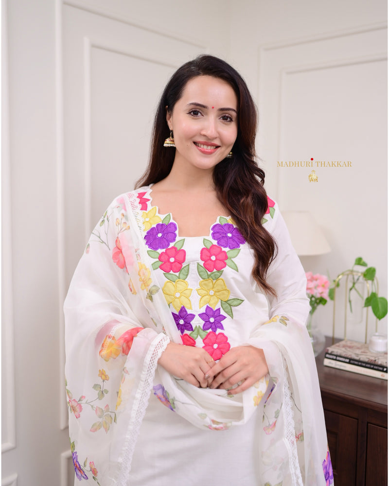 Ivory Multi Applique Work Cotton Silk Suit