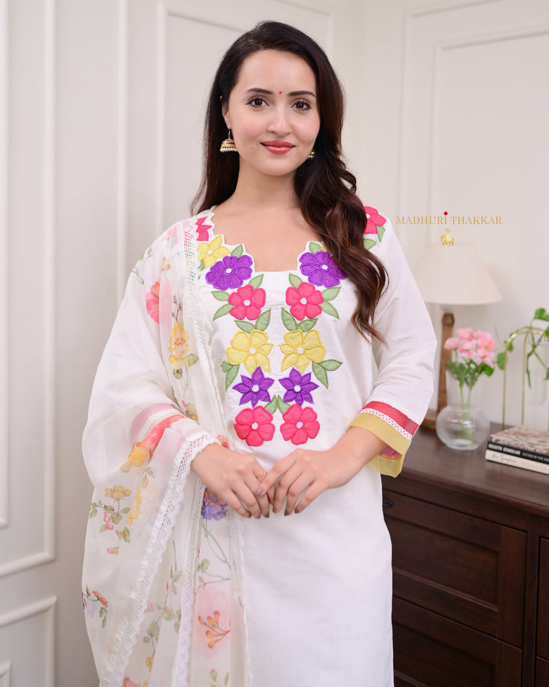 Ivory Multi Applique Work Cotton Silk Suit