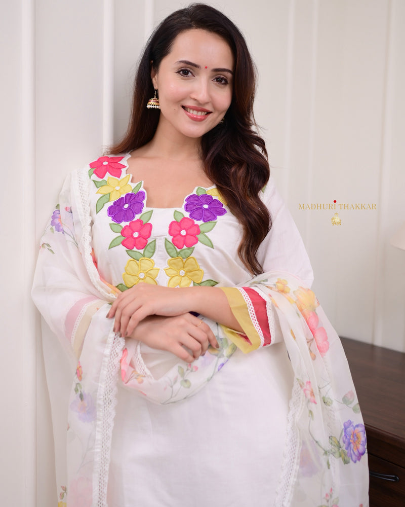 Ivory Multi Applique Work Cotton Silk Suit