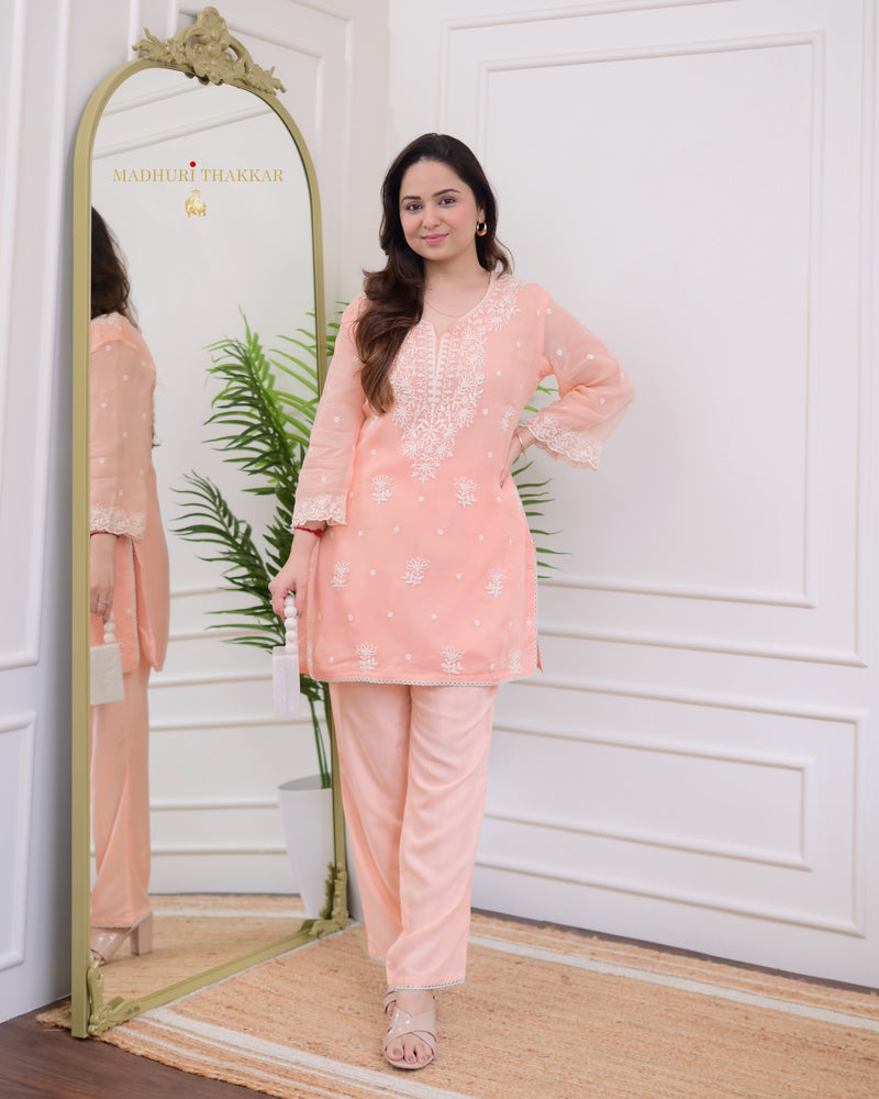 Peach Organza Thread Embd Co-ord