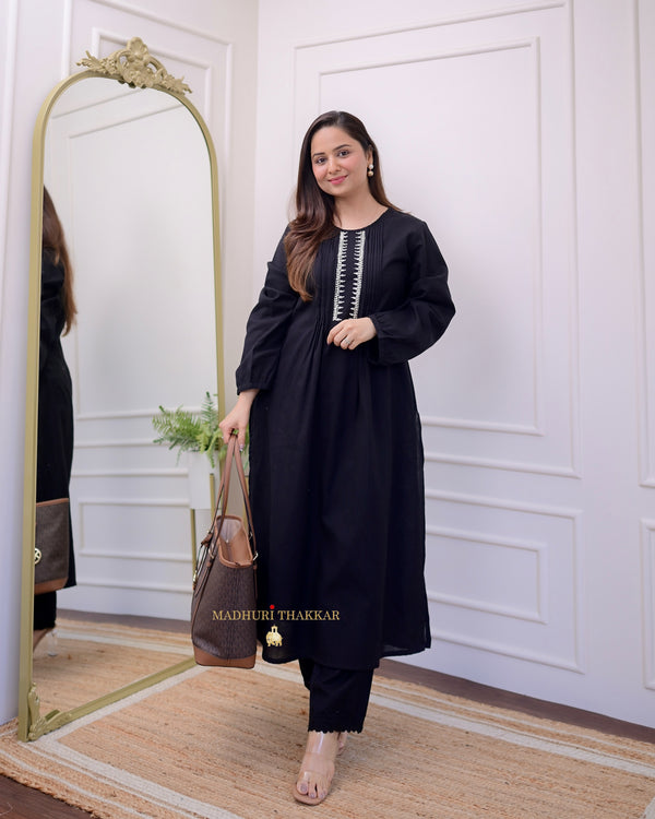 Black Cotton Pleated A Line Kurta Set