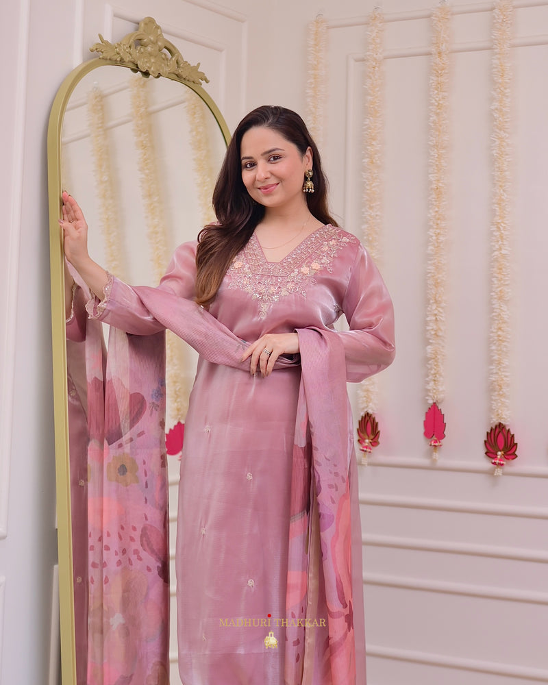 Onion Pink Glass Tissue Handwork Festive Suit