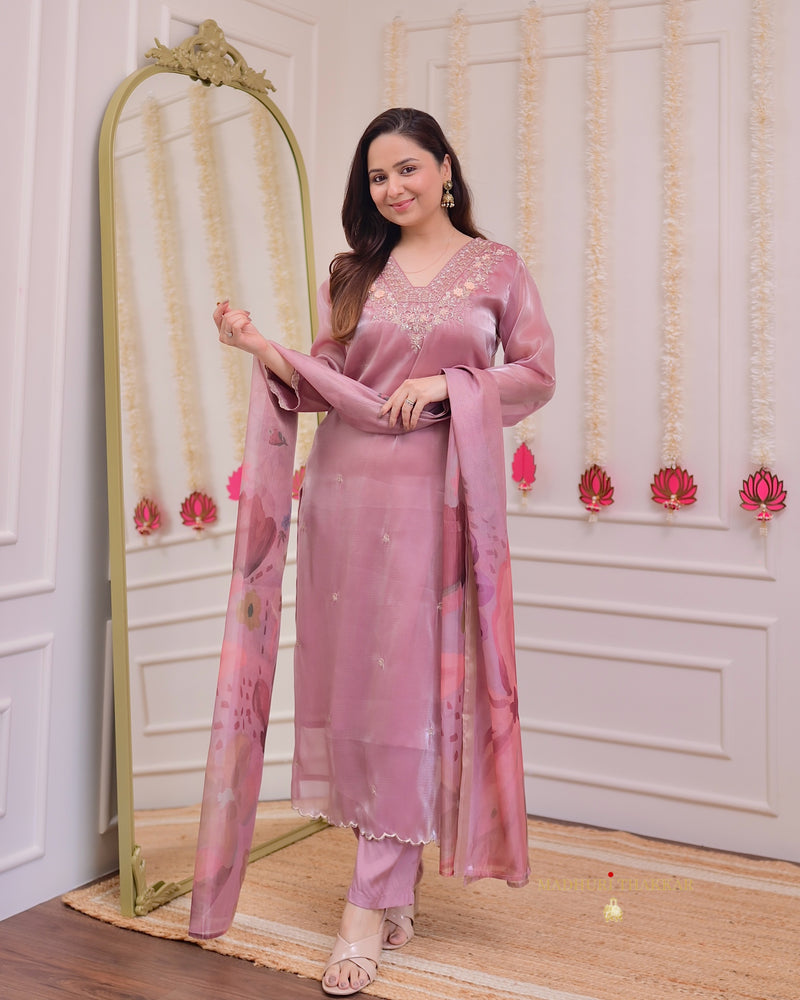 Onion Pink Glass Tissue Handwork Festive Suit