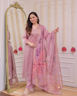 Onion Pink Glass Tissue Handwork Festive Suit