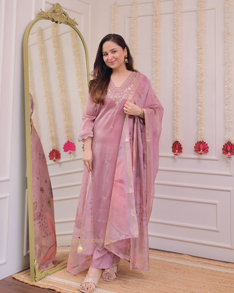 Onion Pink Glass Tissue Handwork Festive Suit