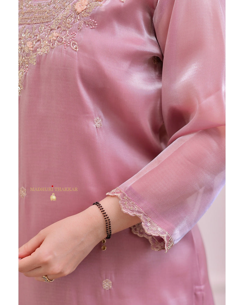 Onion Pink Glass Tissue Handwork Festive Suit