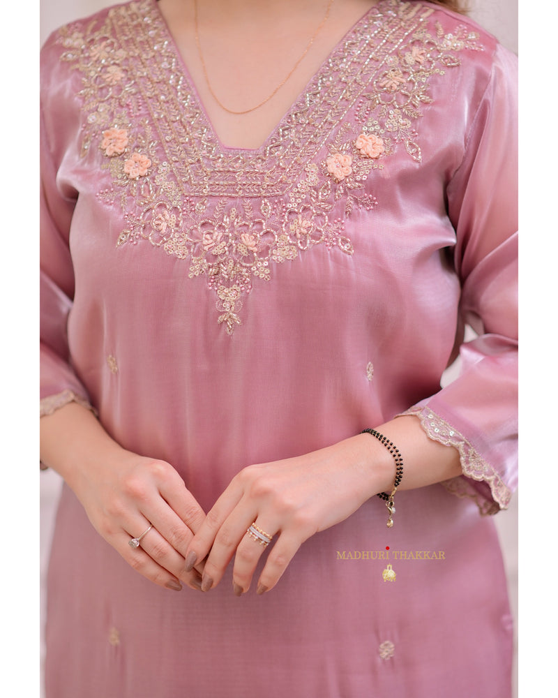 Onion Pink Glass Tissue Handwork Festive Suit