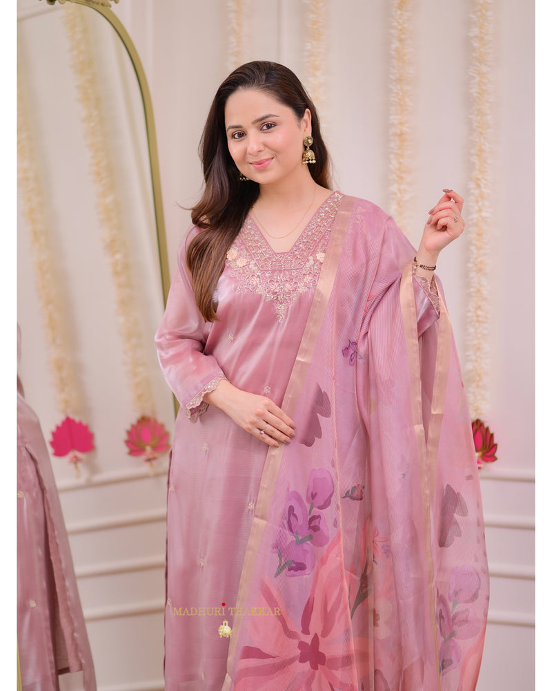 Onion Pink Glass Tissue Handwork Festive Suit