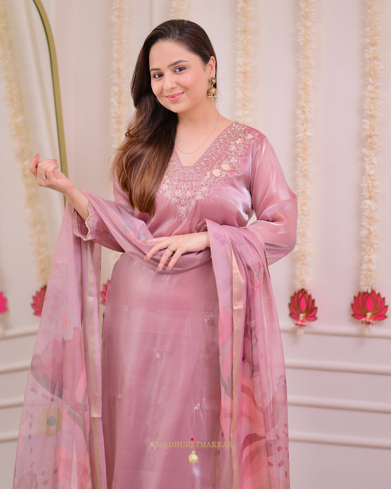 Onion Pink Glass Tissue Handwork Festive Suit