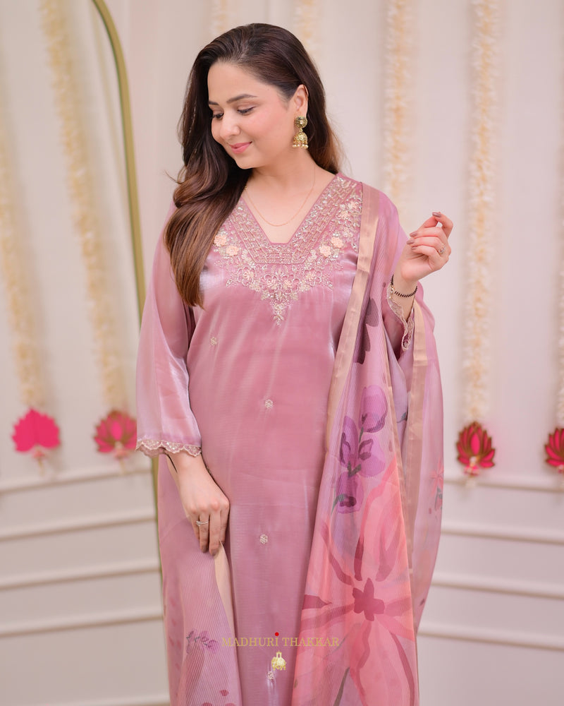 Onion Pink Glass Tissue Handwork Festive Suit