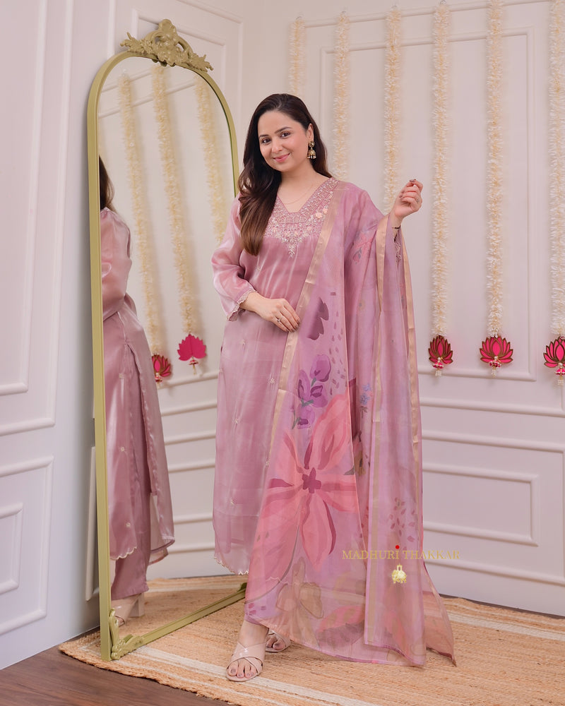 Onion Pink Glass Tissue Handwork Festive Suit