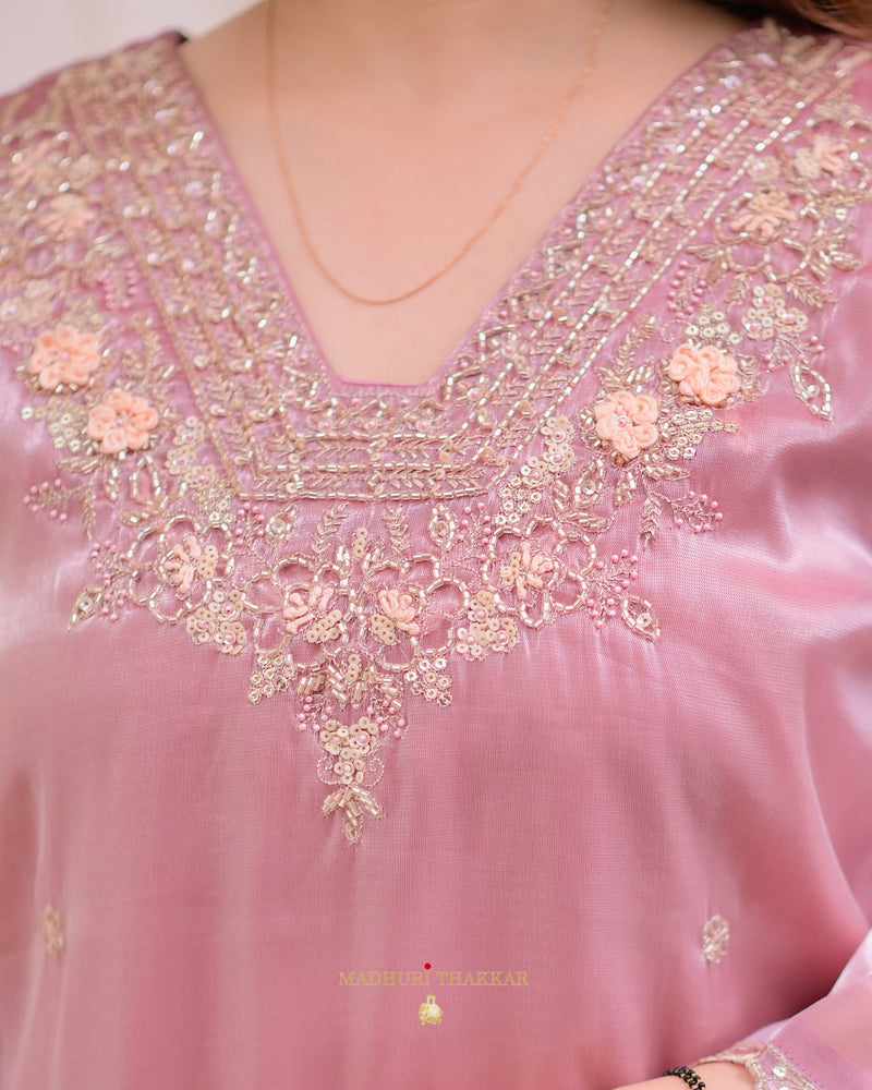 Onion Pink Glass Tissue Handwork Festive Suit