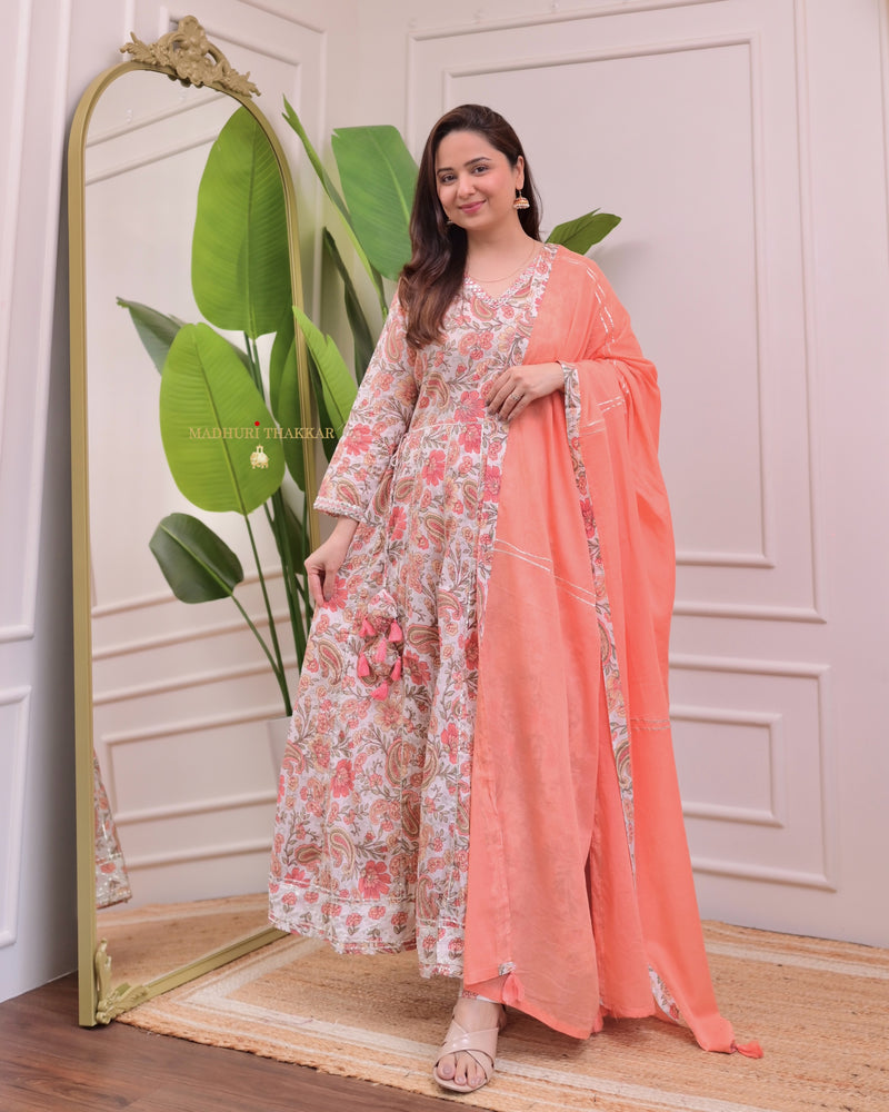 Peach Floral Pure Cotton A Line Suit