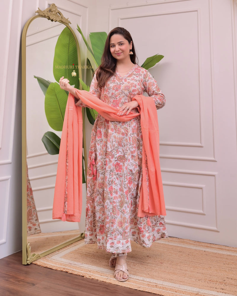 Peach Floral Pure Cotton A Line Suit