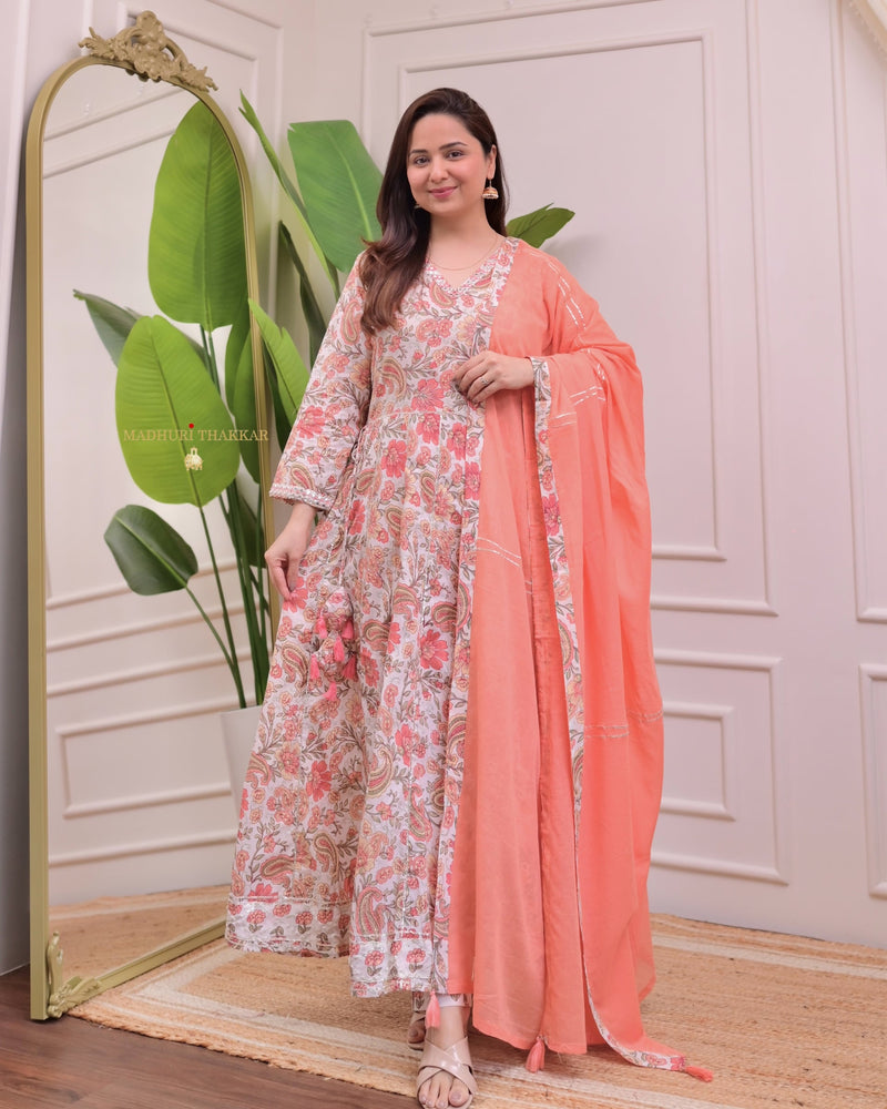 Peach Floral Pure Cotton A Line Suit